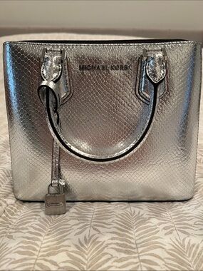 Small Michael Kors Metallic Silver Satchel with Snake-Embossed Finish
